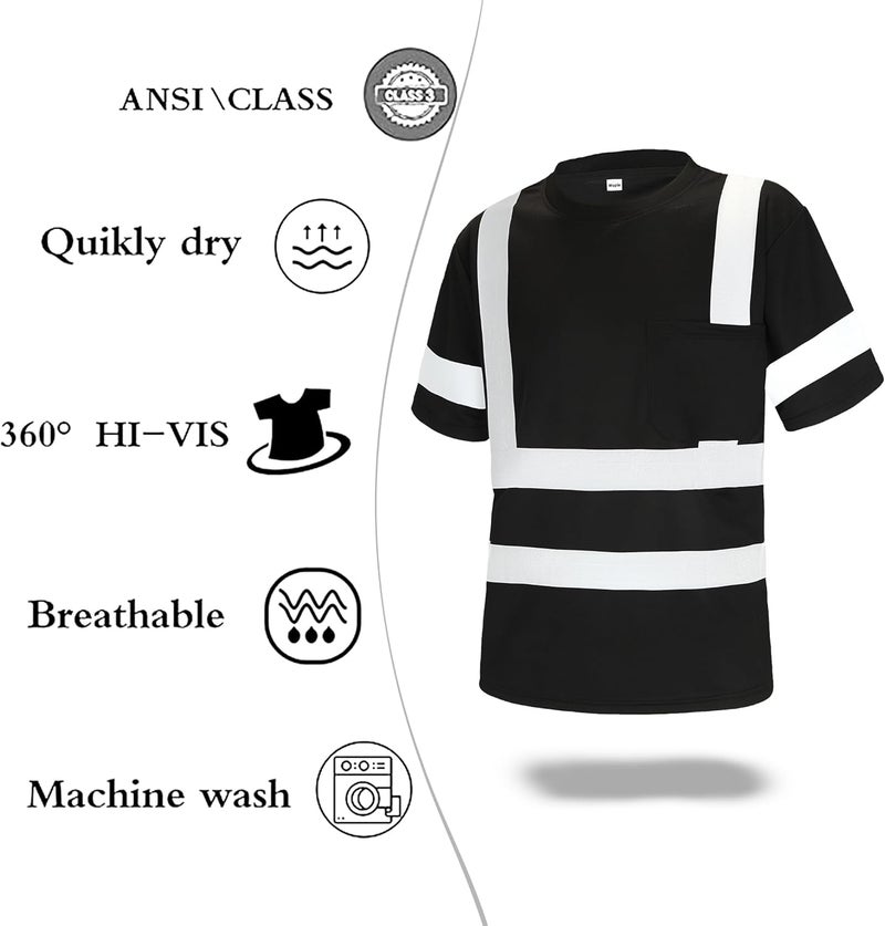 Wuple Store Safety Shirts for Men Construction Short Sleeve Quick Dry with Pocket Workwear, Class 3 High Visibility Shirts with Reflective Strips Black L 3PCS - Image 5